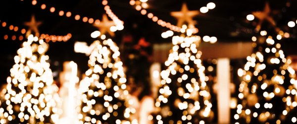 Vier verschwommene Tannenbäume, geschmückt mit Lichterketten.